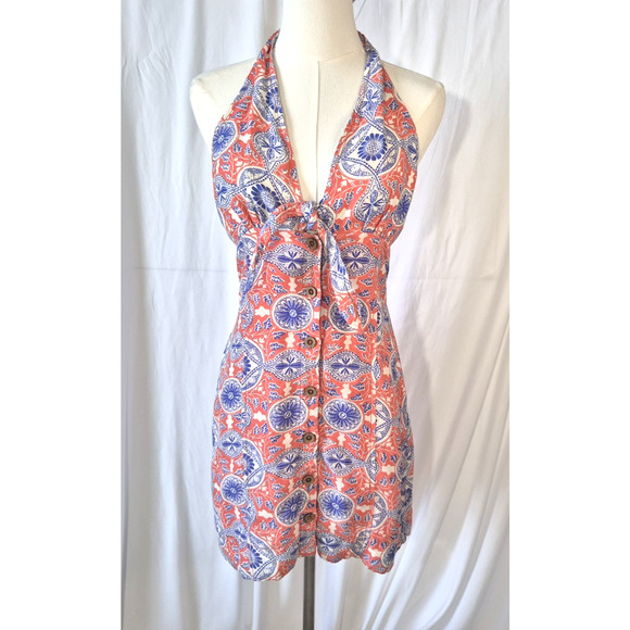 Anthropologie Maeve Womens Pink Blue Halter Tie-Front Printed Mini Dress XS - Picture 4 of 9